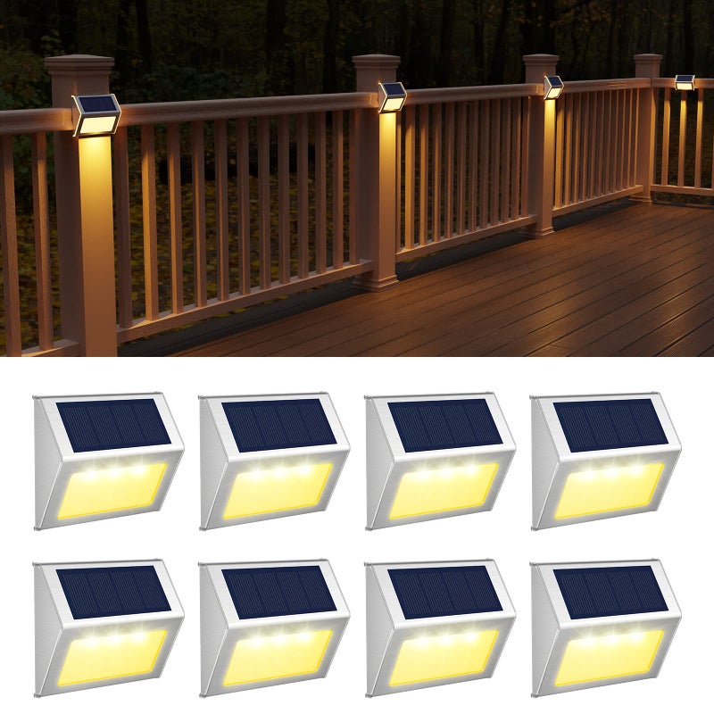 JSOT Solar Lights Outdoor for Deck,Waterproof Solar Powered Steps Light Outdoor Wireless LED Lamp Fence Lighting Walkway Patio Stair Garden Path Rail Backyard Fences Post 8 Pack Warm White - Image 1